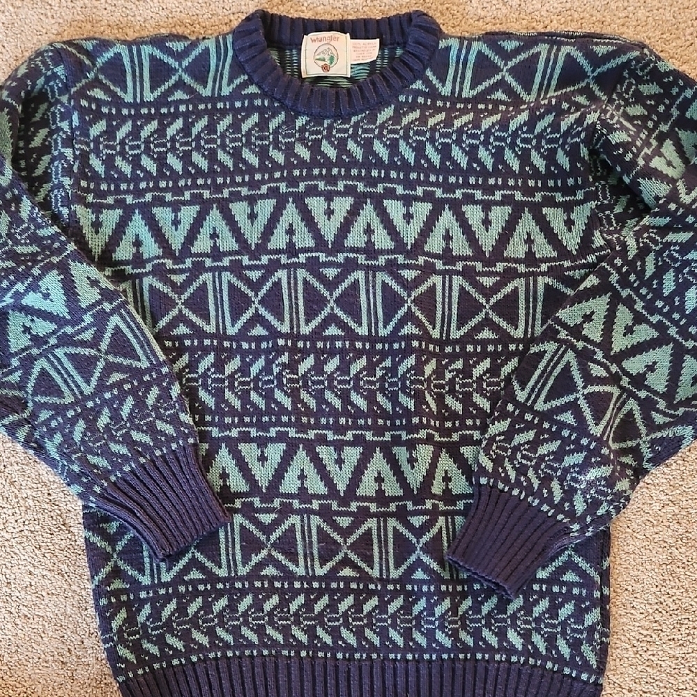 Vtg Wrangler Sweater Geometric Design Navy And Teal 100% Acrylic Mens XL Unisex